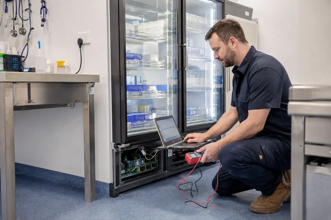 Technician diagnosing a laboratory refrigerator