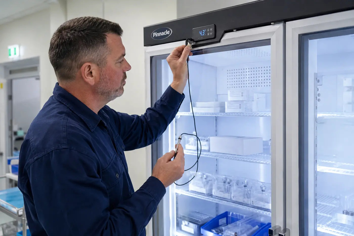 Refrigeration technician servicing a medical refrigerator