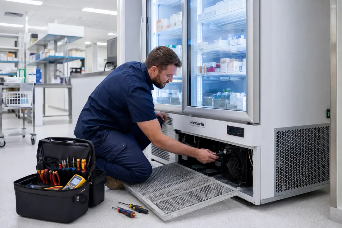 Technician servicing a medical refrigerator